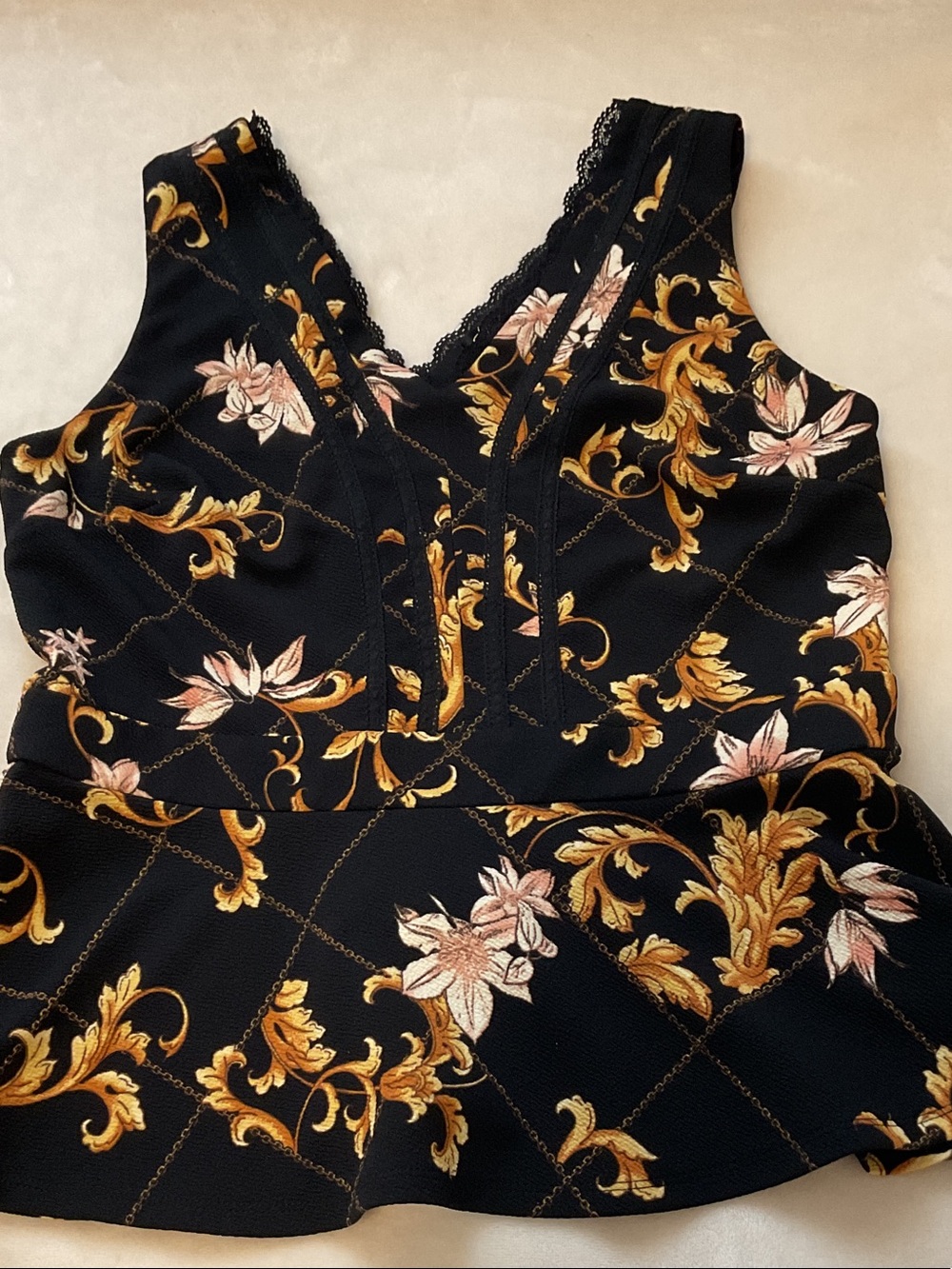 Thalia Sodi Black Floral Peplum Top with Gold and Blush Accents